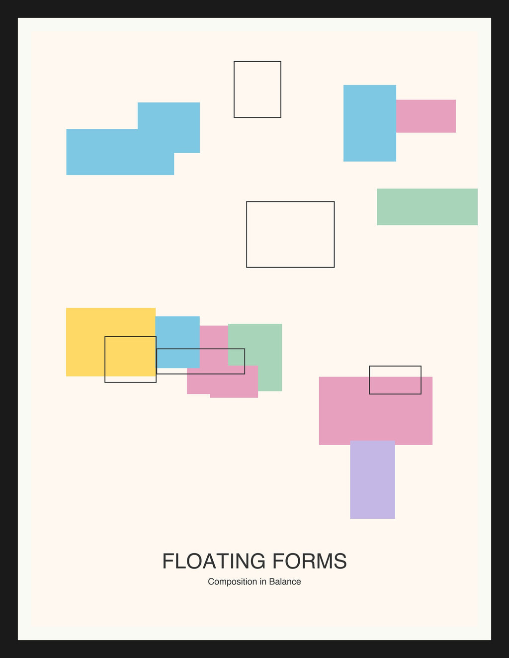 Floating Forms — Bauhaus Geometric Art Print — Black Frame 18×24" Wall Art