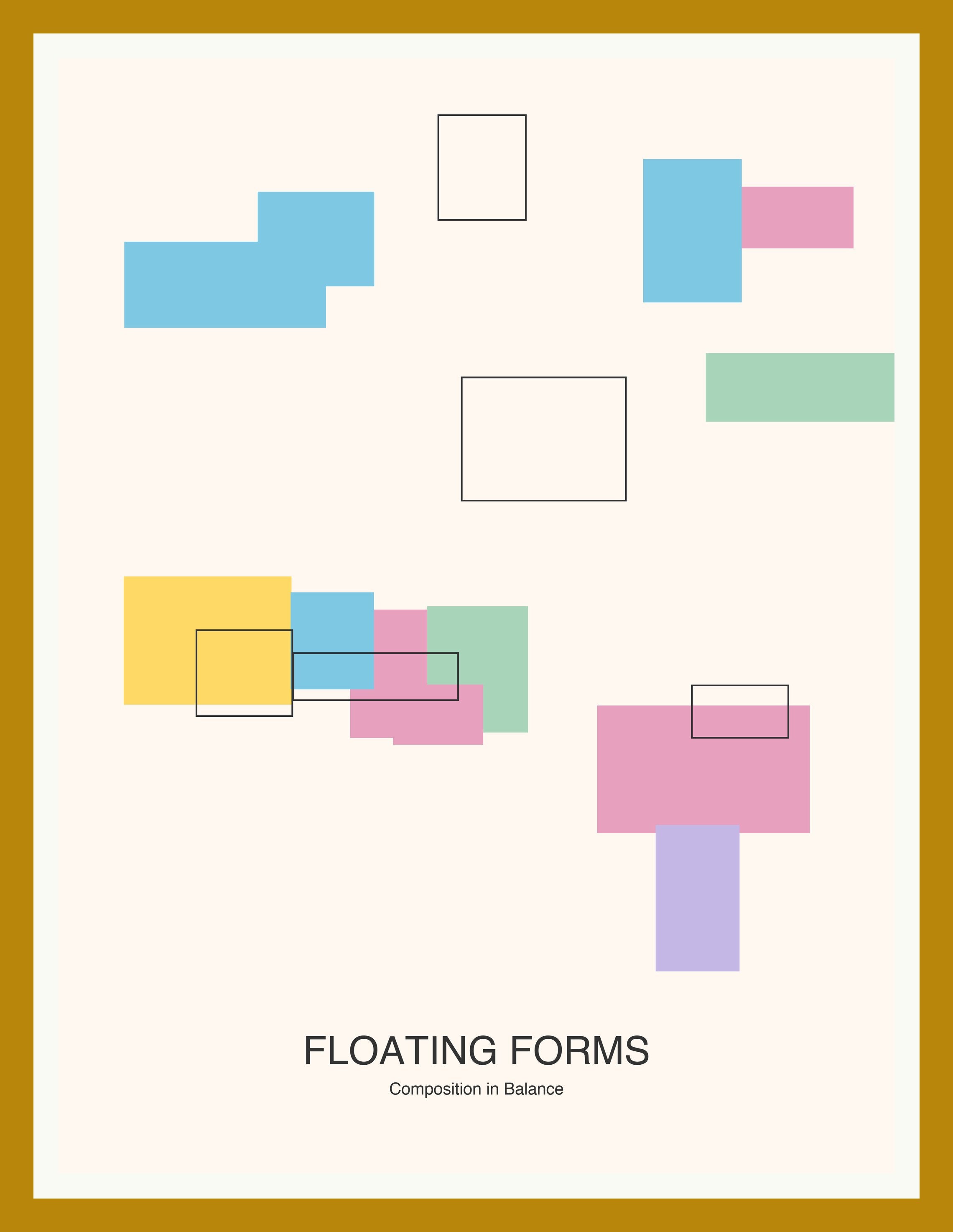 Floating Forms — Bauhaus Geometric Art Print — Oak Frame 18×24" Wall Art