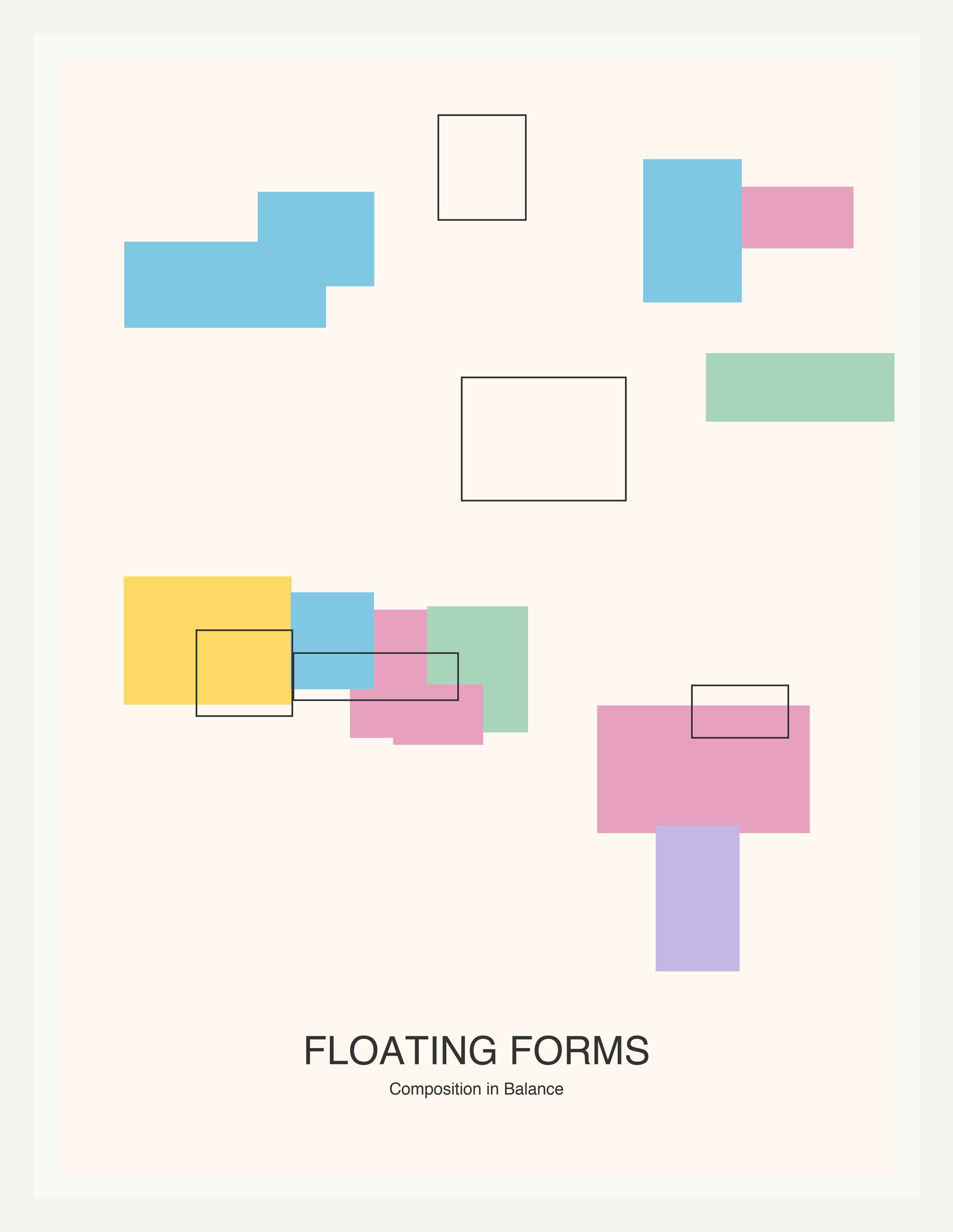 Floating Forms — Bauhaus Geometric Art Print — White Frame 18×24" Wall Art