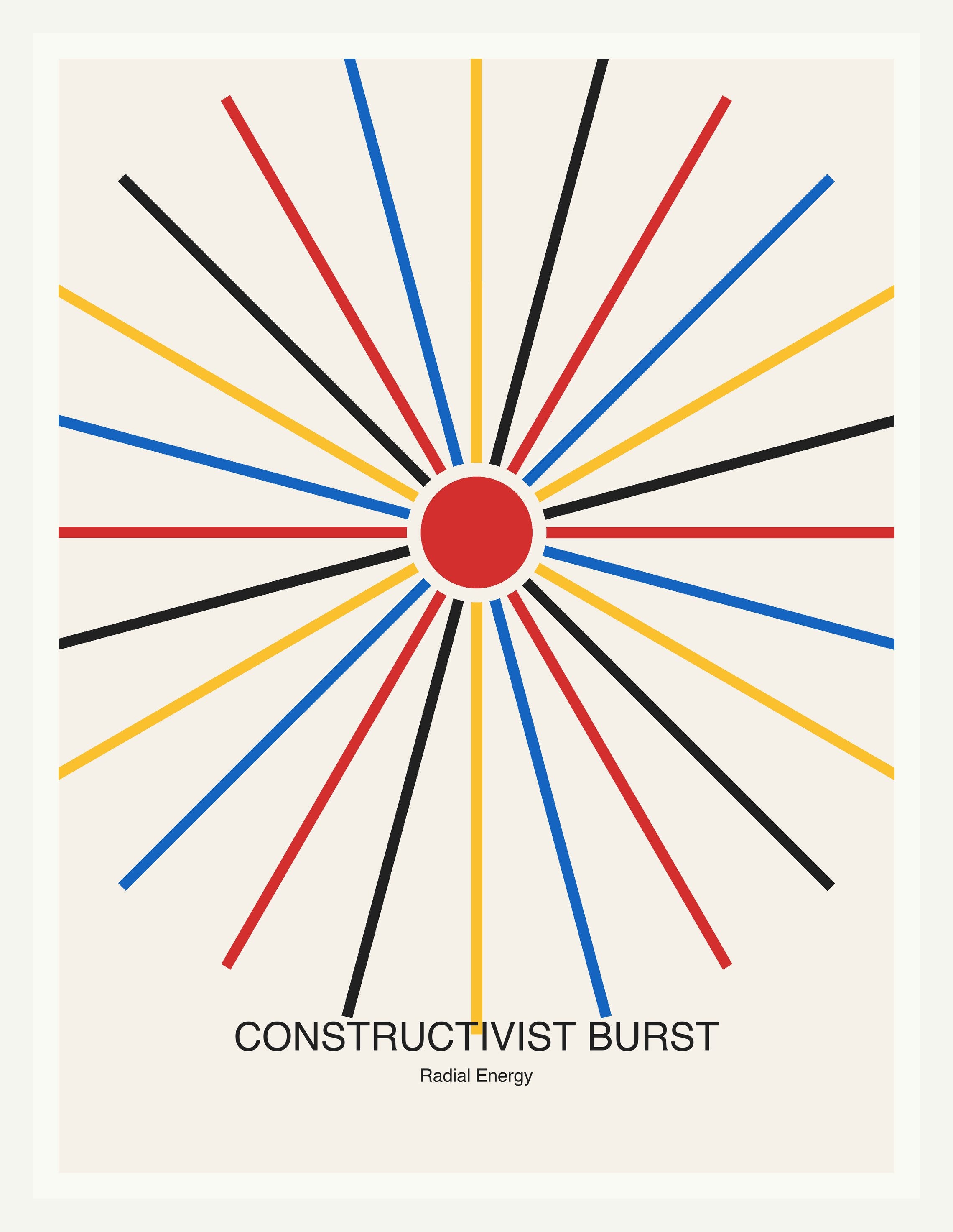 Constructivist Burst — Bauhaus Geometric Art Print — White Frame 18×24" Wall Art
